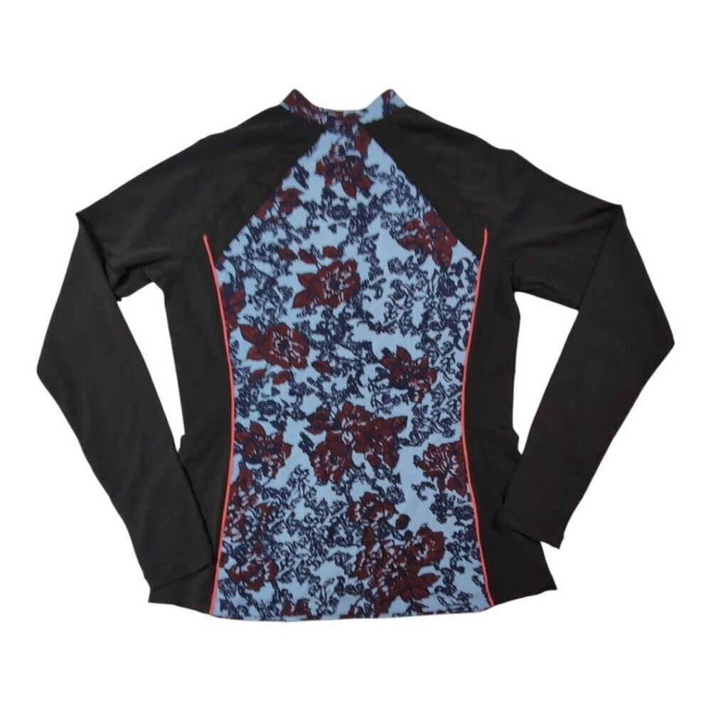 Floral Rash Guard Swim Top Colorblock Long-Sleeve Zip Black & Blue Womens M - Picture 2 of 8